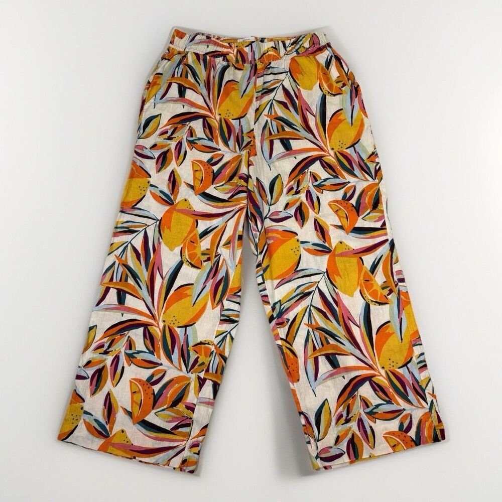 C&C California Womens L 100% Linen Wide Leg Capri Pants‎ Tropical Floral